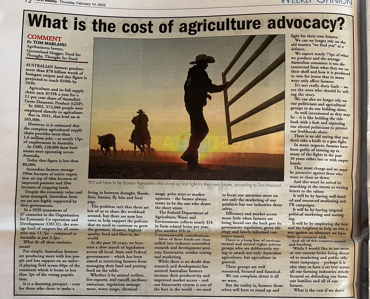 "What is the cost of agricultural advocacy"?

Compelling synopsis from Agribusiness Lawyer Tom Marland, in this week's <a href="/farmweekly/">Farm Weekly</a> 

Your thoughts??