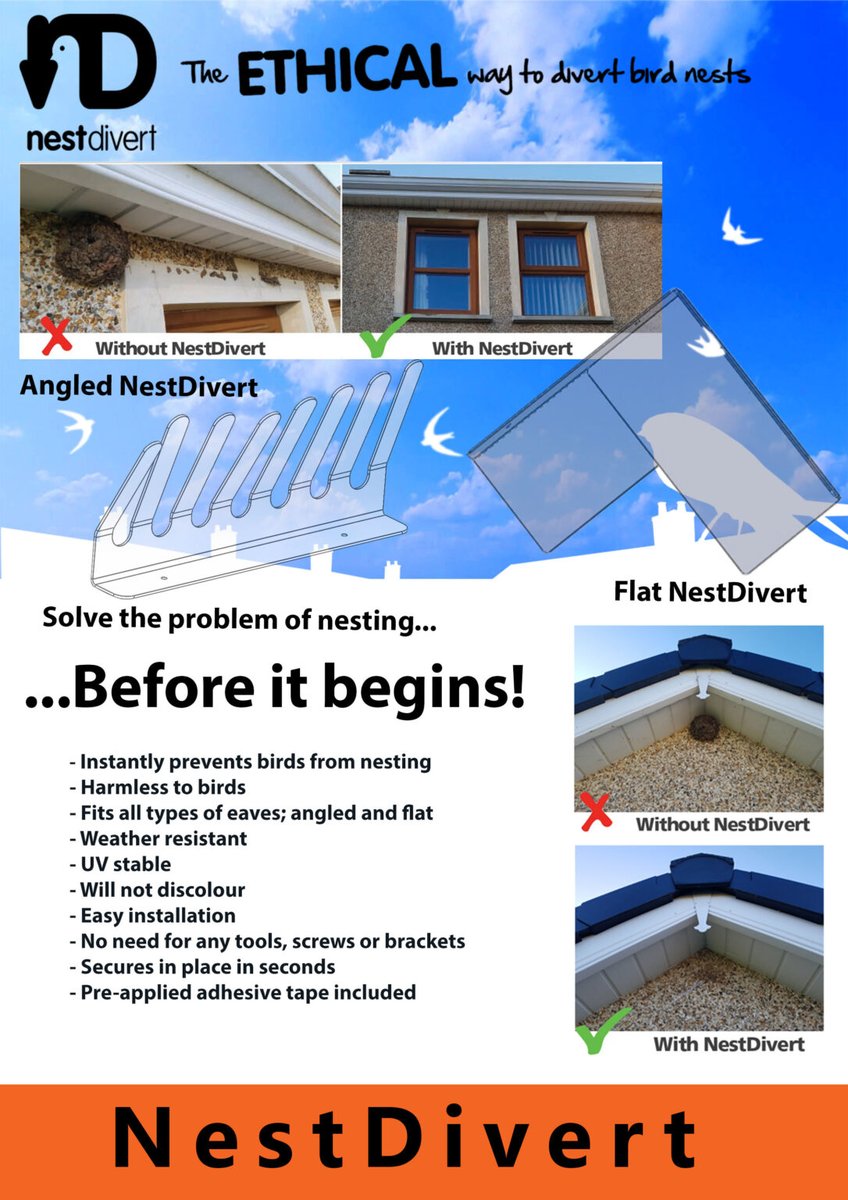 nestdivert's tweet photo. Sort that problem nest out with our products.
Let the birds move onto a more discreet area.
Visit www.nestdivert com https://t.co/FmJjrY8KPY