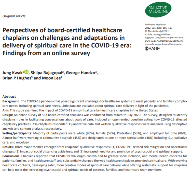 PalliativeMedJ's tweet photo. Chaplains reported that #COVID-19 challenges contributed to greater social isolation, and mental health concerns, and substantially changed the way healthcare chaplains provided spiritual care. #hpm #hapc https://t.co/rtpXdxrMwE https://t.co/C9jYhlfYqP