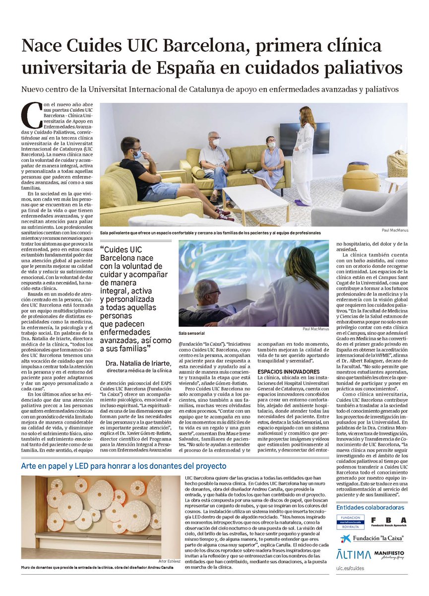 FBoschAymerich's tweet photo. Cuides UIC Barcelona, la Fundació Bosch Aymerich ha contribuït en la creació de la primera clínica universitària d'Espanya en cures  paliatives.  @uicbarcelona #persones #cuides https://t.co/J5KVuYp9Aw