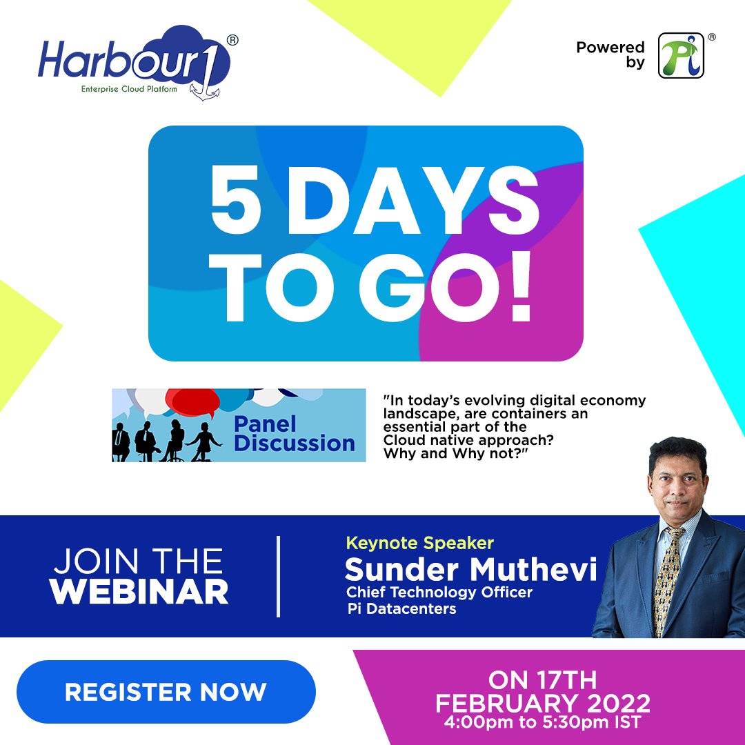 Pi_DATACENTERS's tweet photo. 5 days to go for our upcoming webinar on 17th February from 4 pm to 5:30 pm IST. Don't miss Sunder Muthevi, CTO, Pi Datacenters, speaking on containerization being essential part of cloud native approach for today's businesses. Register now! https://t.co/DQ6cdlSgVu
#cloud https://t.co/PiuizDkLCe