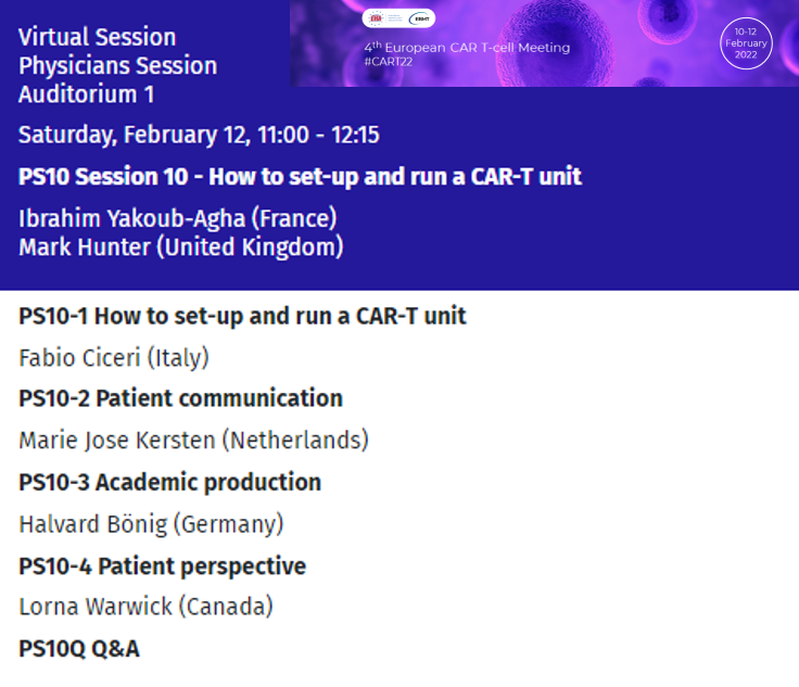 CARAMBA_project's tweet photo. “How to set up and run a CART unit?” – listen to presentations by our CARAMBA partners Fabio Ciceri and Halvard Bönig, chaired by Ibrahim Yakoub-Agha and Mark Hunter. #CART22 https://t.co/hipc39p0hd
