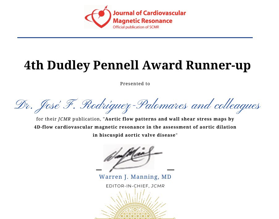 Proud for being awarded the second most relevant paper that contributed to JCMR impact factor in the last 3 years. Award received in the last SCMR meeting. Thanks so much. <a href="/cardiologiavh/">Cardiología Vall d'Hebron</a> <a href="/cardioimagenVH/">Imagen Cardiaca VH</a> <a href="/ecovallhebron/">@ecovallhebron</a> <a href="/Lydia_DuxSantoy/">Lydia Dux-Santoy ن</a> <a href="/andreaguala6/">Andrea Guala</a> <a href="/giselateixido/">gisela teixido</a> @secardioCRMTC
