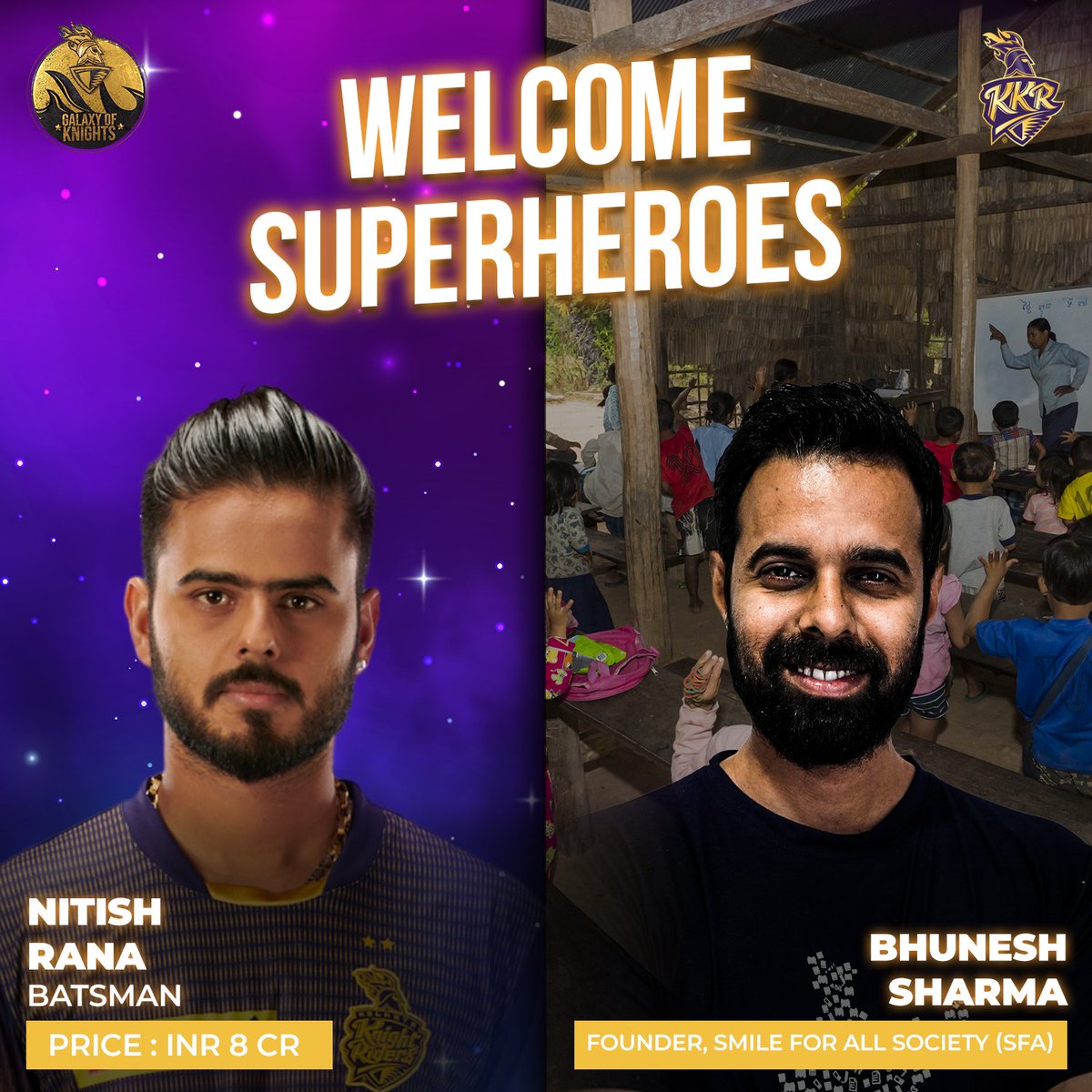 KKRiders's tweet photo. Welcome back, Ranaji! 💜

While we welcome @NitishRana_27 to the #GalaxyOfKnights, we are equally excited to introduce Bhunesh Sharma, the founder of Smile for All. https://t.co/Tj4OC12uwU