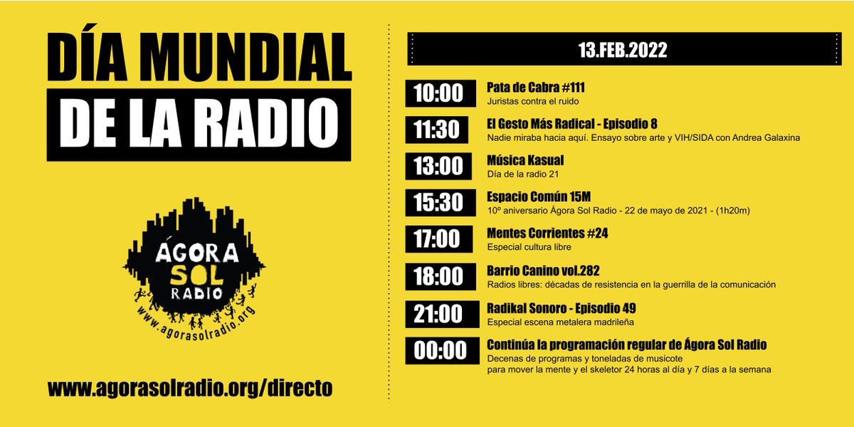 agorasolradio's tweet photo. El #DiaMundialDeLaRadio es una buena ocasión para reivindicar el papel de las radios libres y lo celebramos con una programación especial. 

Será el domingo 13 de febrero de 10:00 a 00:00

Si te apetece, lo podrás escuchar en:

https://t.co/klDlHVFvdO

#DiaDelaradio
#RadiosLibres https://t.co/iLiWBncgwN