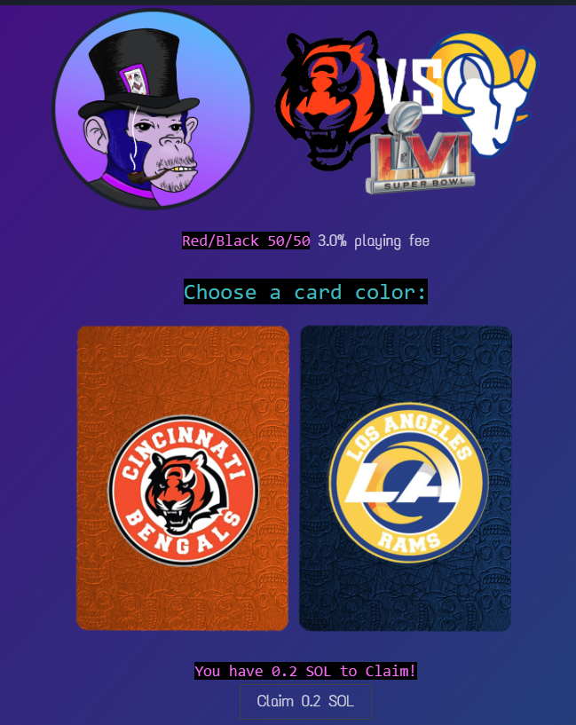 FunCryptoPit's tweet photo. It's @SuperBowl time, get some #SOL and join the action with brand new minigame at https://t.co/tnyZChJKwN  by @DektLife and @MonkishRebel .
Who's you favourite pick @Bengals or @RamsNFL ... https://t.co/LRGfMEnomA