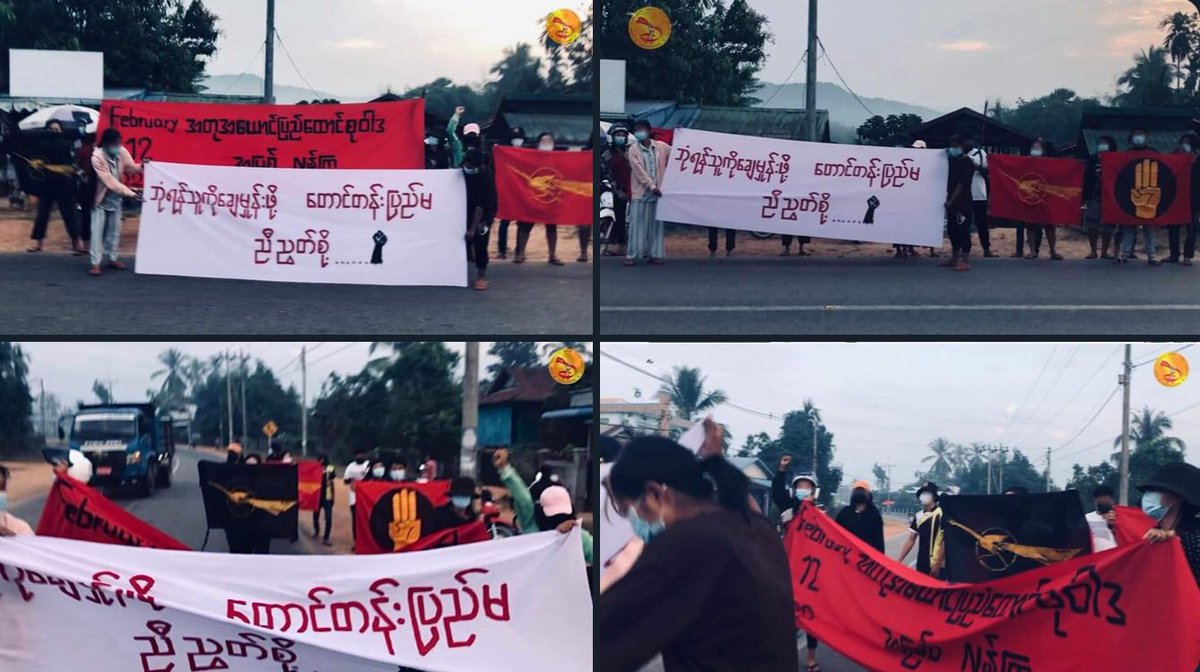 Pro-democracy people from Thayetchaung Tsp, rallied and staged their rejection towards military dictatorship today.   #PanglongAgreementToFederal #2022Feb12Coup #WhatsHappeningInMyanmar