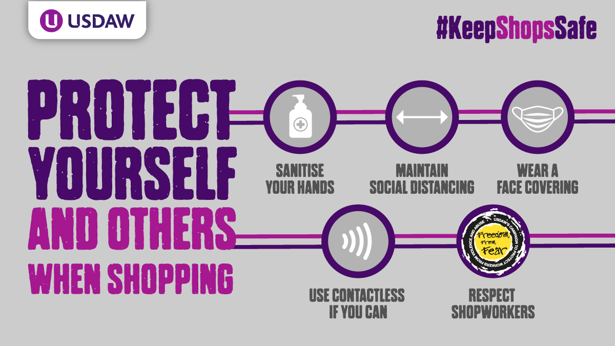 UsdawUnion's tweet photo. If you're shopping this weekend, please continue to #KeepShopsSafe for everyone:

😷 Wear a face covering unless exempt
📏 Follow the social distancing measures
🧴 Wash your hands
💳 Use contactless if you can
🤝 Respect key retail workers https://t.co/qFyjavlCRV