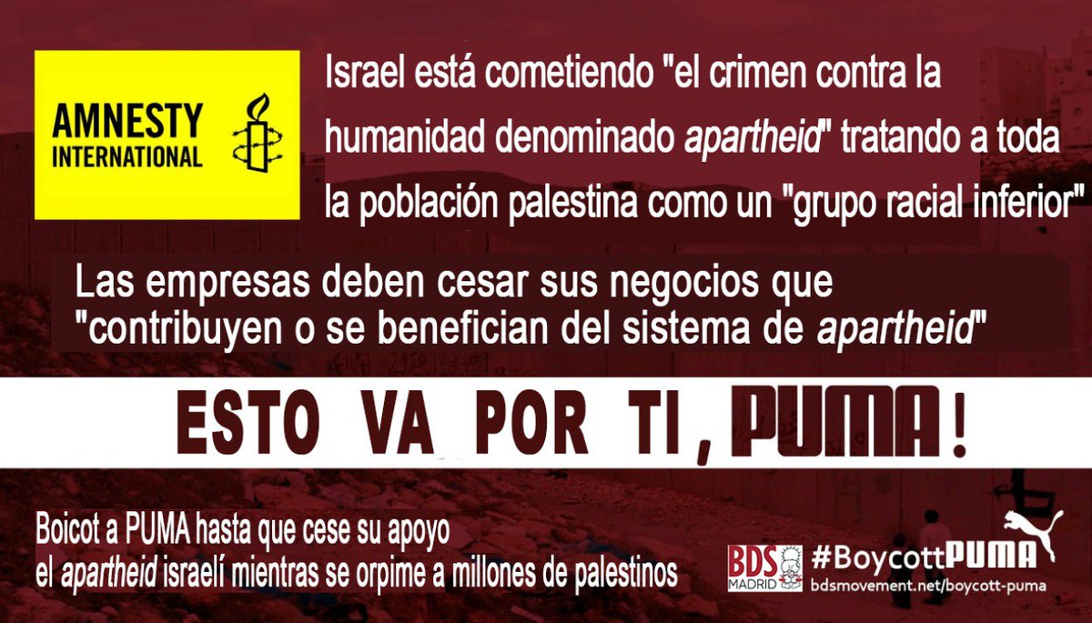 Israel está cometiendo "el crimen contra la humanidad denominado apartheid", tratando a toda la población palestina como un "grupo racial inferior".
Boicot a <a href="/PUMA/">PUMA</a> hasta que cese su apoyo al apartheid israelí mientras oprime a millones de palestinos
#BoycottPuma
#PalestinaLibre