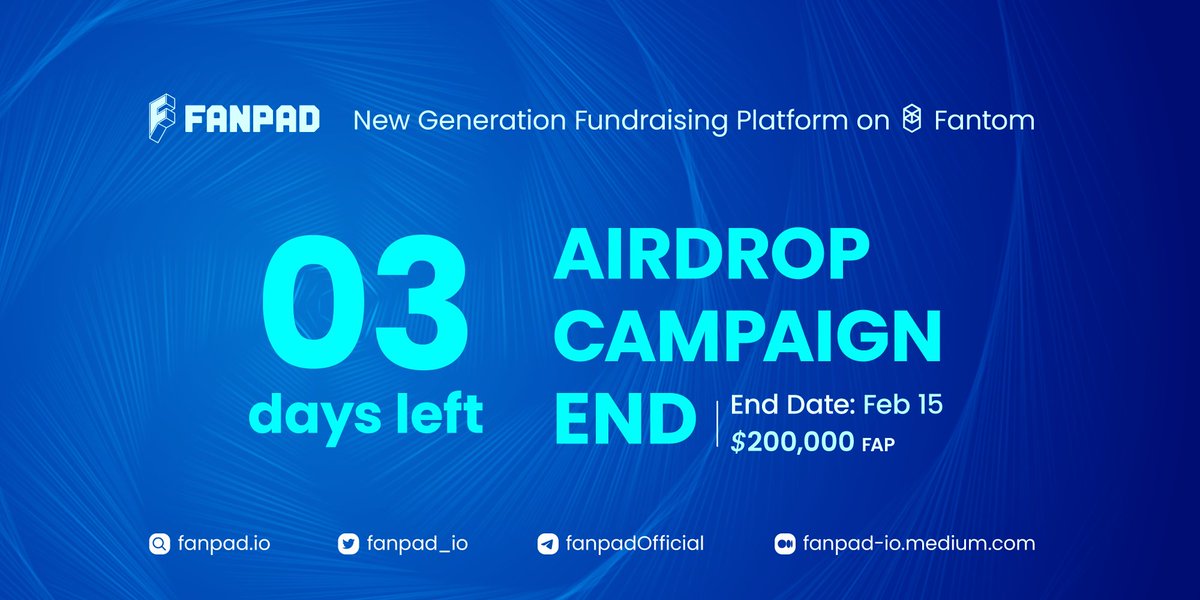 fanpad_io's tweet photo. #FANPAD AIRDROP UPDATE 
Only 3 days left until the end of #FANPAD Airdrop Campaign
Make sure you grab the chance before time runs outs 
📆 End Date: 23:59 UTC February 15th, 2022
💰 Total Prize: $200,000 FAP 
Don’t wait until it’s too late to enter https://t.co/39ge4lImhI https://t.co/ShmHDqxXj6
