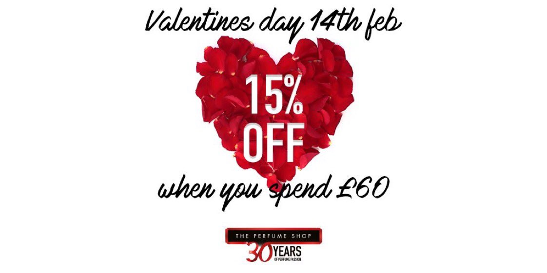 Perfumeshop8's tweet photo. What’s this!? An extra 15% off when you spend £60 or more!? All before Valentines too! Looks like we should be seeing you soon 👀💕 #theperfumeshop #valentines #ValentinesDay #Perfume https://t.co/ykYZ8OhMmE