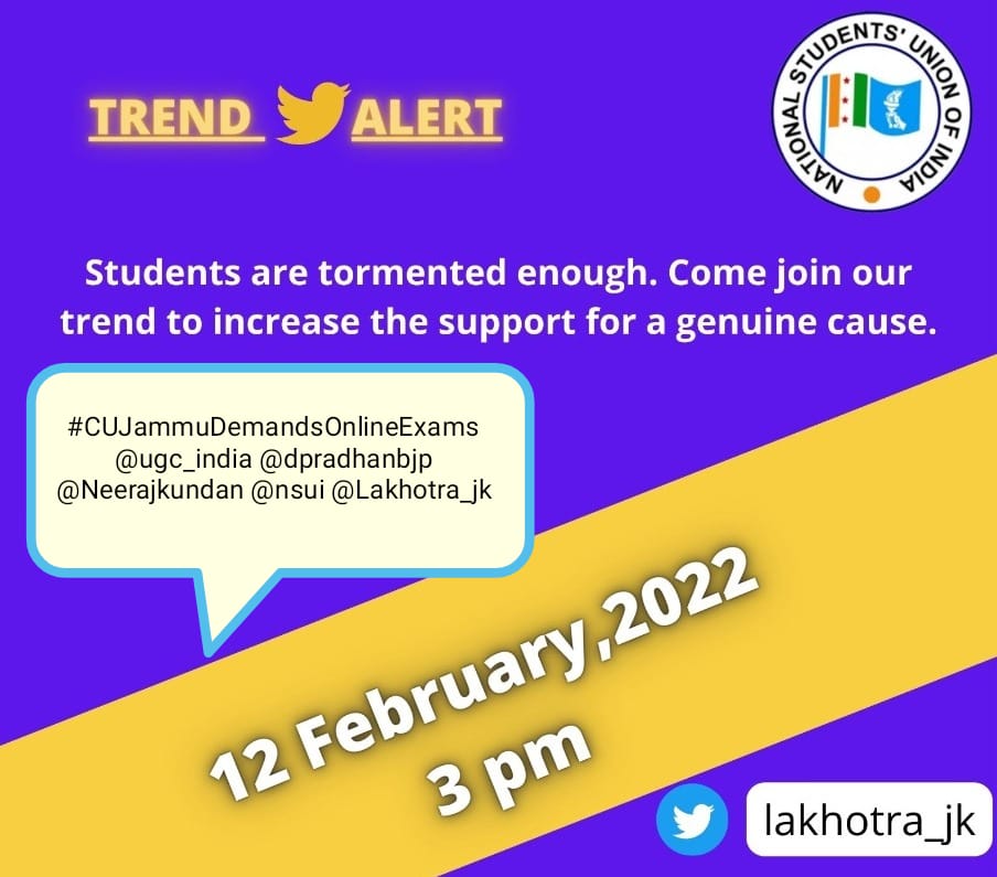 Raj66909973's tweet photo. We the Students of Central University of Jammu demands Online Exams.We are from different parts of country. We had our classes online then why not Exams Online.⚖
#CUJammuDemandsOnlineExams
@ugc_india  @Neerajkundan @nsui @Lakhotra_jk @Nagesh_nsui6 @OfficialCuj  @OfficeOfLGJandK https://t.co/Ko7eOIbFaF