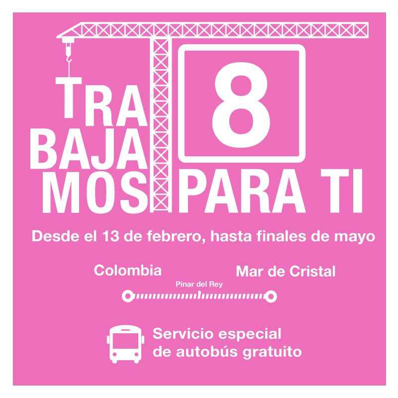 metro_madrid's tweet photo. 🚧🚇 RECUERDA: mañana domingo comienzan las obras de L8 entre las estaciones de Colombia y Mar de Cristal.
🚌 Un servicio especial de autobús cubre el tramo afectado.
ℹ Toda la información: https://t.co/iMKezRNbil
#ObrasL8 #TrabajamosParaTi https://t.co/LCC2y73gdw