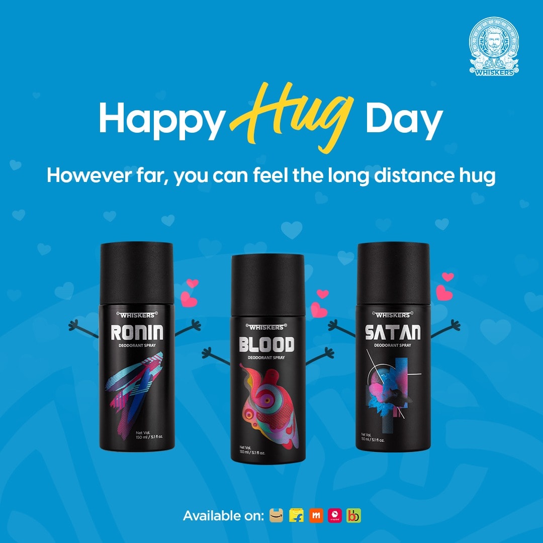 Near, far, wherever you are, you can feel the hug when you wear Whiskers range of deodorants.

#Whiskers #Deodorants #HappyHugDay #HugDay #Hugs #Love #ValentinesWeek #Valentines #ValentinesGift #Grooming