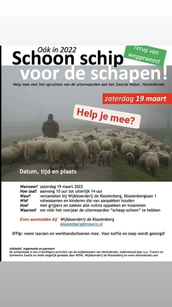 19 maart 'Schoon schip voor de schapen' in uiterwaard <a href="/WBklooienberg/">WB de Klooienberg</a> . Help je mee?  Meer landacties staan op de planning aan het Zwarte Water, kansen genoeg om mee te kunnen helpen aan de vervuiling vanuit stadsgracht Zwolle 🎉. #afvalhoortnietinhetwater