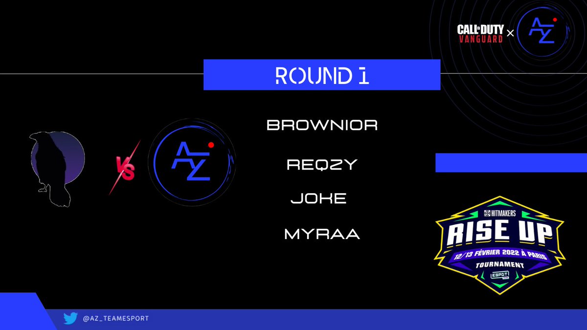 Az_TeamEsport's tweet photo. 🚨 ALERTE

Le premier match de nos joueurs va bientôt se lancer à la lan @HitMakersFr 

SOUTENEZ LES :
@Brownior 
@ReqzyLAN 
@ZJoke78 
@MyraaWL 

ROUND 1 : 

@Az_TeamEsport vs @_RavenTeam https://t.co/zYLkaIKcSi