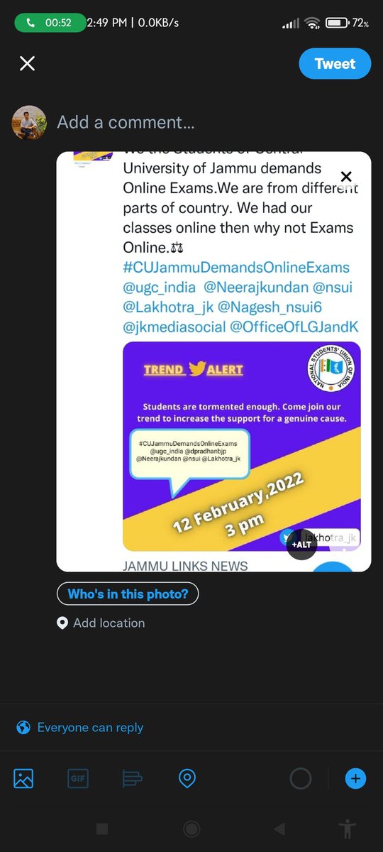 dhruv_sadhotra's tweet photo. We the Students of Central University of Jammu demands Online exams . We had our classes online then why not Exams Online.
#CUJammuDemandsOnlineExams
@ugc_india  @Neerajkundan @nsui @Lakhotra_jk @Nagesh_nsui6 @OfficialCuj  @OfficeOfLGJandK https://t.co/Y3L4gGBq7d