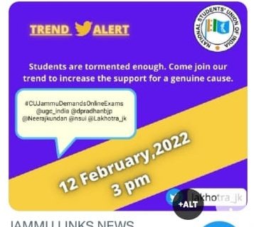 AKAMANSHARMA3's tweet photo. We the Students of Central University of Jammu demands Online Exams.We are from different parts of country. We had our classes online then why not Exams Online.
#CUJammuDemandsOnlineExams
@ugc_india  @Neerajkundan @nsui @Lakhotra_jk  @diosamba1 @OfficeOfLGJandK
@dcofficesamba https://t.co/APYPvoSpov
