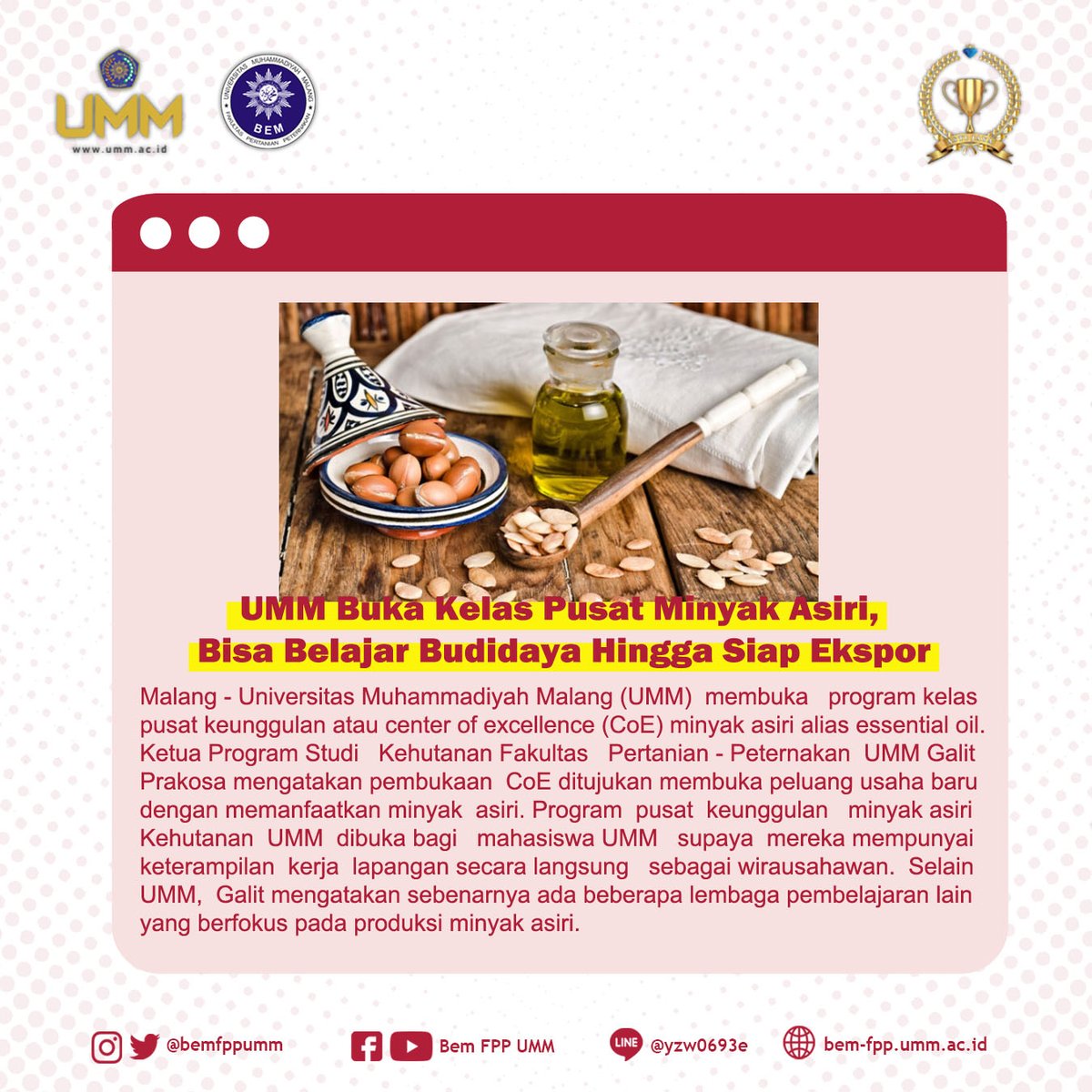 BEMFPPUMM's tweet photo. Pelaksanaan program pusat keunggulan minyak asiri itu berdurasi 2 semester. Selama semester pertama, para peserta diajari dan dilatih tata cara budidaya beberapa tanaman penghasil minyak asiri sampai proses pengolahannya hingga produk siap dipasarkan di pasar domestik dan ekspor. https://t.co/uO9zCfbpM9