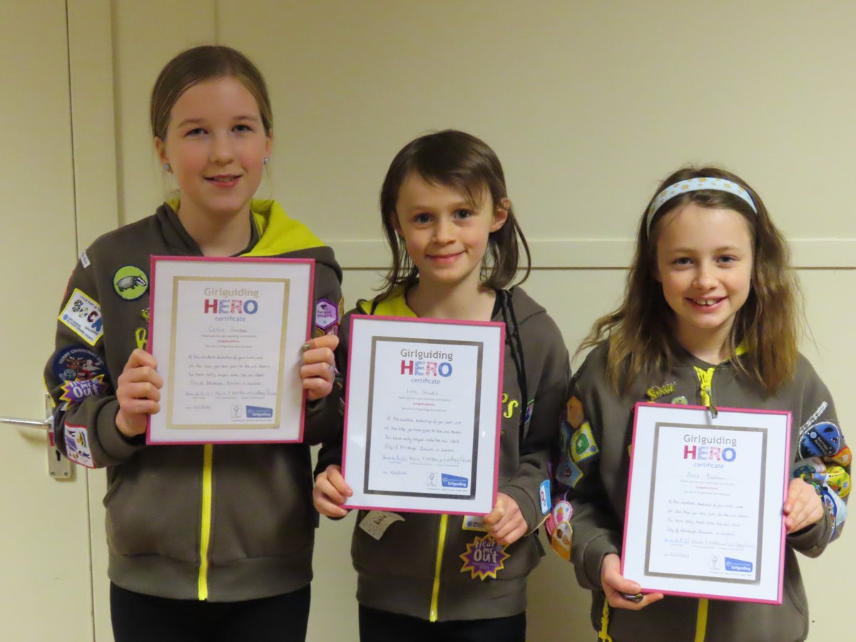 GirlguidingEdin's tweet photo. Huge congrats to 106A #Brownies Callie, Lola, &amp; Anna (L-R)!

Not only were they recognized by UK's @Chief_Guide &amp; @ScotChiefGuide as #LockdownHeroes, but also earned their #Bronze theme awards before moving up to Guides!

🎉👏🥉

#GirlguidingEdinburgh #awards #congrats https://t.co/5Ad4m5NnbX
