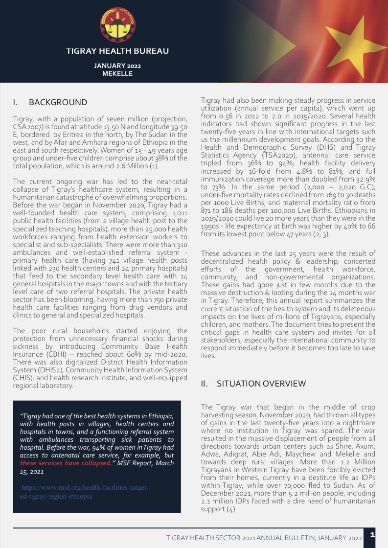 HPN4Tigray's tweet photo. “The current ongoing war has led to the near-total collapse of Tigray’s healthcare system resulting in a humanitarian catastrophe of overwhelming proportions” - The Tigray Health Sector Annual Bulletin, 2021. #TigrayIsSuffering #AllowHumanitarianAccess @RepBera @RepKimSchrier https://t.co/iuhVZqAURa