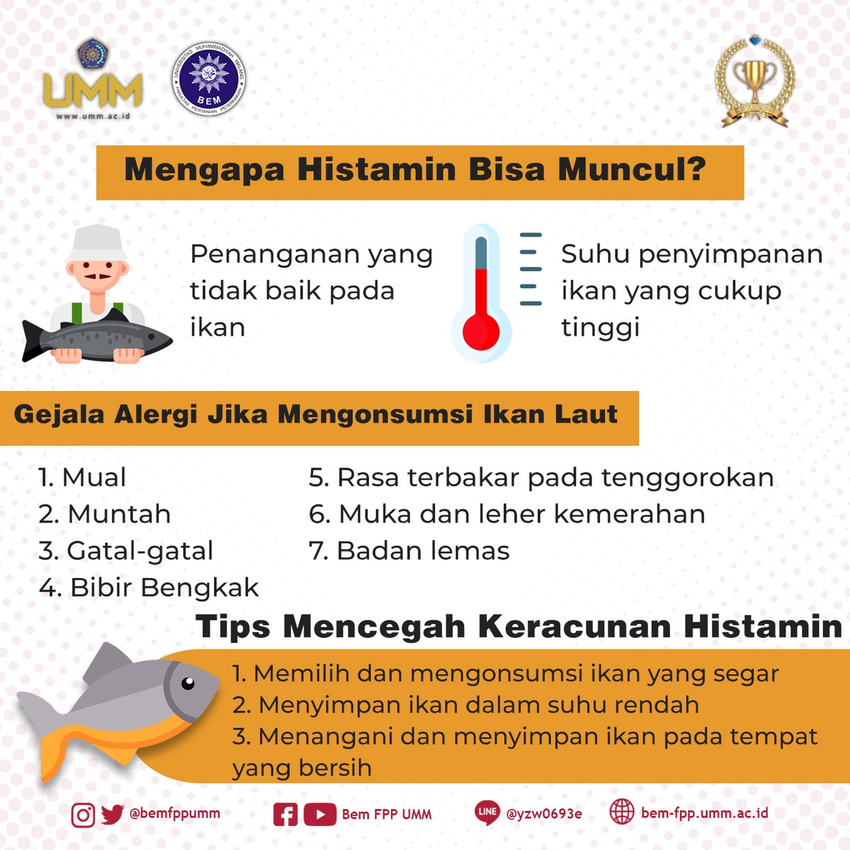 BEMFPPUMM's tweet photo. Jika kalian pernah mengalaminya, kalian mengalami keracunan histamin atau alergi. Munculnya histamin disebabkan oleh ikan kadaluarsa dan ikan yang kualitasnya tidak baik.

Sumber: @kkpgoid

#bemfppumm
#fppsatujiwa
#kabinetastijaya https://t.co/YT6nuJgM0a