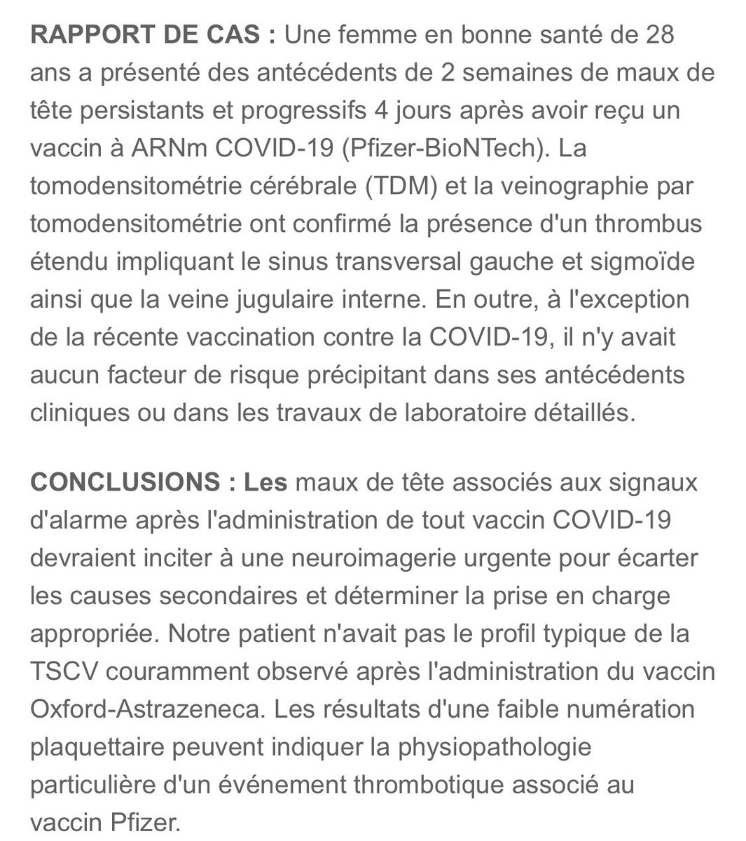 Medic4allHuman's tweet photo. Ici le cas d’une Thrombose veineuse cérébrale étendue (STCV) après la première dose de vaccin Pfizer-BioNTech BNT162b2 sans syndrome thrombocytopénie thrombotique (STT) chez une femme de 28 ans en bonne santé ! 
https://t.co/pqFzUHFPYs https://t.co/XGOghNdVFY