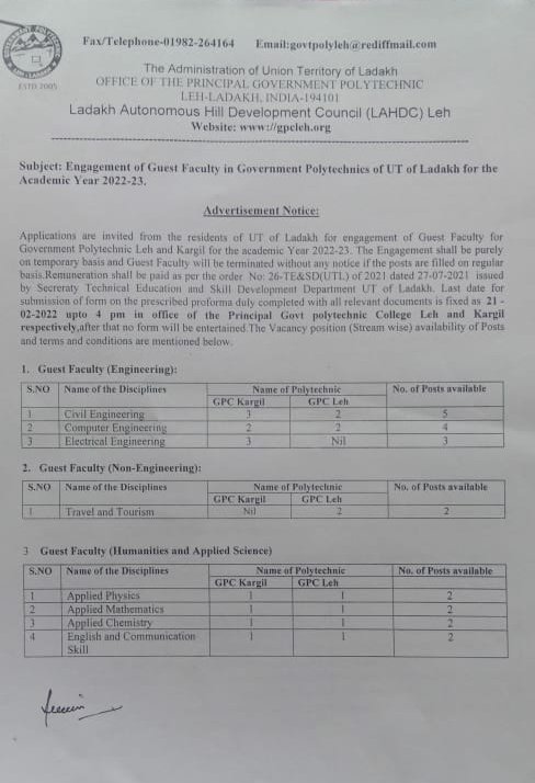 Interested &amp; eligible candidates can apply for engagement as guest faculty in Govt Polytechnic in Leh &amp; Kargil for 2022-23.
Application forms should be  submitted at the Office of  the Principal Govt Polytechnic College Leh/Kargil before 21st Feb 2022
<a href="/LAHDC_LEH/">LAHDC LEH</a> @LAHDC_K