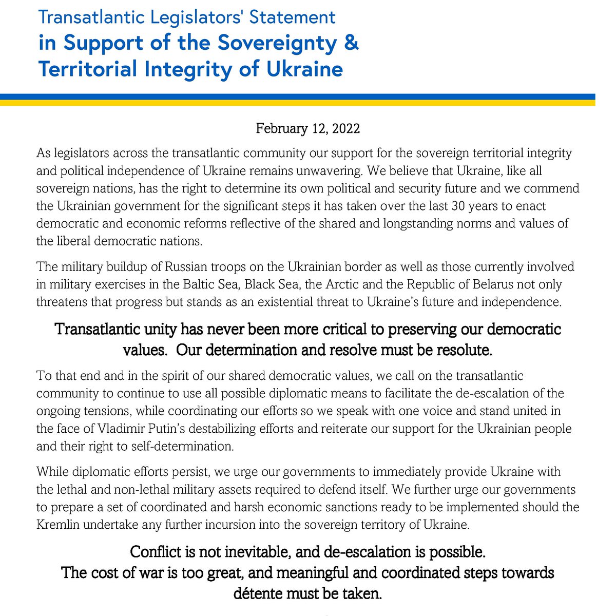 Time is of the essence-the transatlantic community must stand with Ukraine. My statement with <a href="/RepJimCosta/">Rep. Jim Costa</a>, <a href="/davidmcallister/">davidmcallister</a>, <a href="/NathalieLoiseau/">Nathalie Loiseau</a>, <a href="/radeksikorski/">Radek Sikorski</a>, &amp; 200+ legislators from U.S. &amp; Europe in support of measures necessary to achieve de-escalation: scribd.com/document/55843…