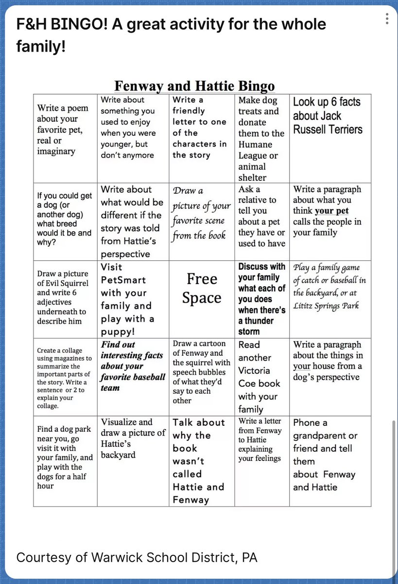 victoriajcoe's tweet photo. Play Fenway and Hattie bingo &amp; a whole lot more on my Resource Padlet: 
https://t.co/3XMt1smqIj @PenguinClass @readtothem https://t.co/OuWBWjoKST