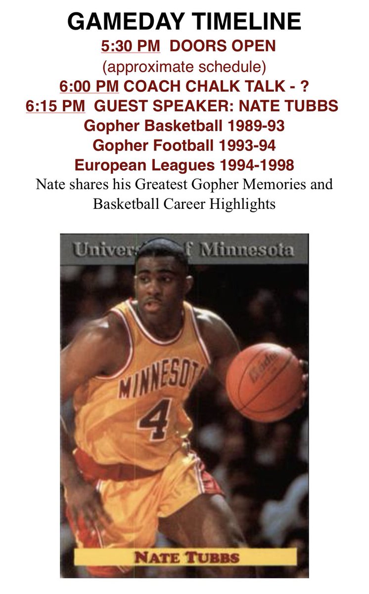 keithmpls's tweet image. I’m looking for someone interested in my tickets for the Gophers/PennState game tonight

Includes attendance at the @GoldenDunkers pre-game event with former #gopher Nate Tubbs as guest-speaker

Would love them to go to a first-time-in-theBarn fan with a child who loves the team