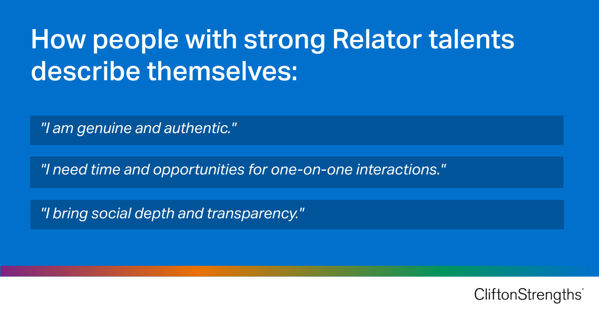 CliftonStrength's tweet image. Relator describes your attitude toward your relationships. In simple terms, the Relator theme pulls you toward people you already know. 

Who has this strength? on.gallup.com/3GtG40w