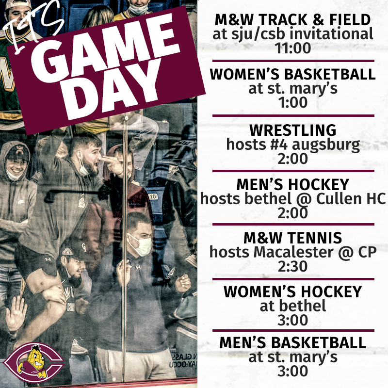 SUPER SATURDAY! It's the 1st Super Saturday of the year with 9⃣ teams in action at 7⃣ different venues! Plenty of home events to choose from, so get out &amp; cheer for CC!
- Wrestling in Memorial, Men's Hockey at the Cullen Hockey Ctr. and M&amp;W Tennis at Courts Plus 
#RollCobbs🌽