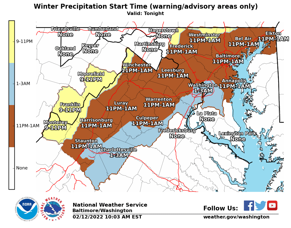 Winter Weather Advisories now in effect across much of the area tonight into Sunday, with a Winter Storm Warning in the southern Shenandoah Valley and adjacent Blue Ridge.