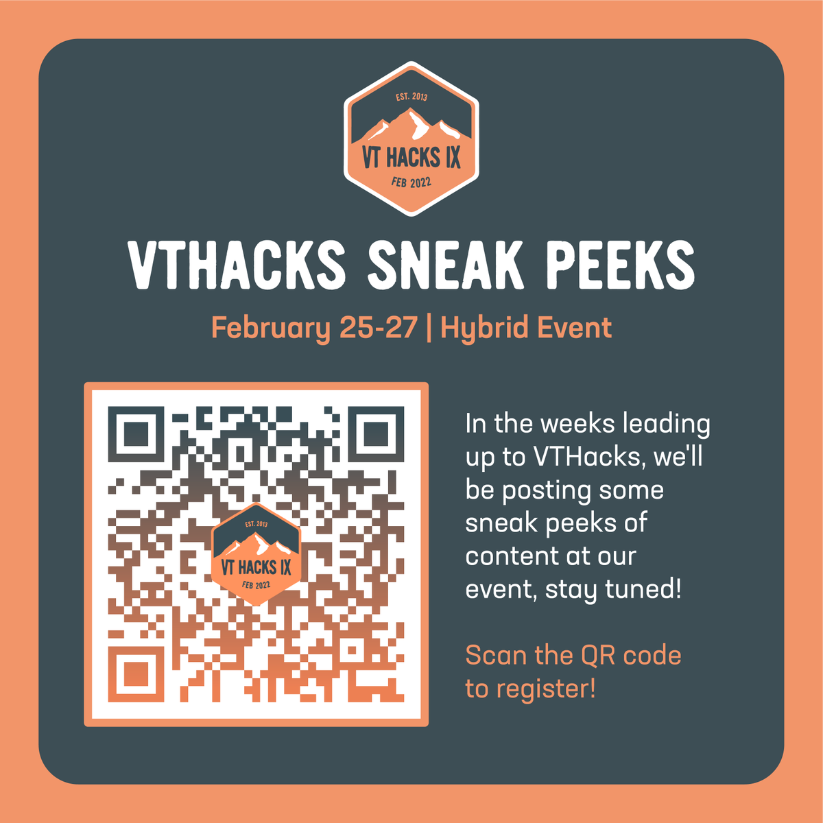 VT_Hacks's tweet photo. Hey everyone! VTHacks IX will be happening both in-person and virtually from February 25th-27th!

We'll be posting sneak peeks of content you can expect to see there: workshops, fun events, and more!

We'll be posting content daily starting Monday so stay tuned! https://t.co/5DOzKW5UeG