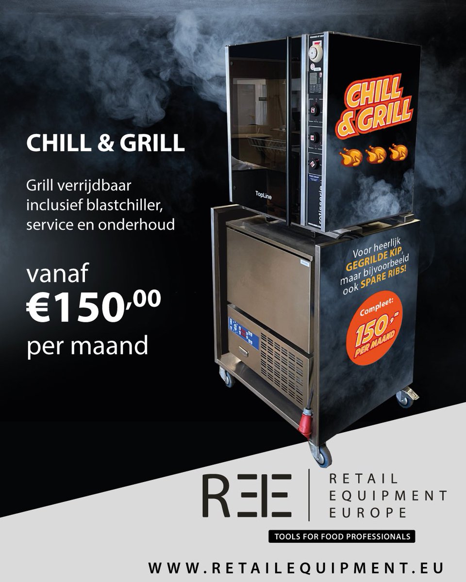 CHILL&amp;GRILL ons nieuwe  grill concept inclusief:
Ubert RT 403 grill
Electrolux blastchiller
Verrijdbaar onderstel 
Voor meer informatie neem contact op met:
RETAIL EQUIPMENT EUROPE
Caspar Hermeler
0614470300
caspar@retailequipment.eu