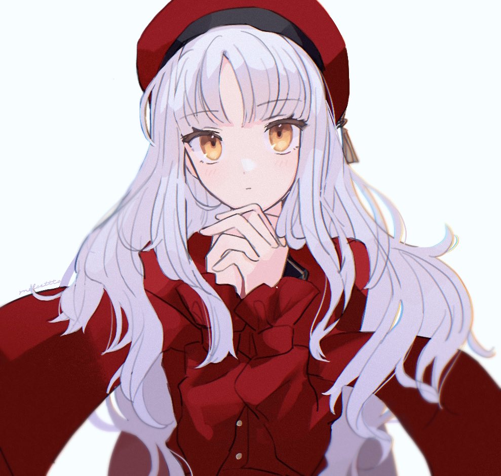 caren hortensia 1girl solo hat long hair red headwear white hair wavy hair  illustration images