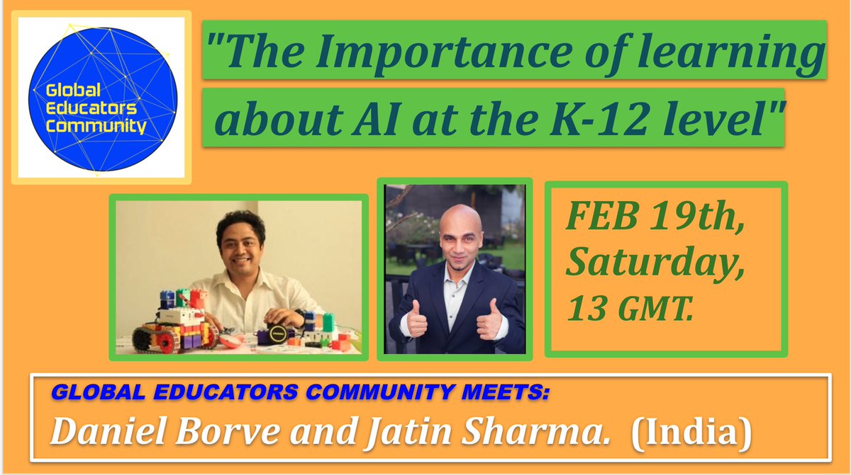 Join another 𝐆𝐥𝐨𝐛𝐚𝐥 #𝐄𝐝𝐮𝐜𝐚𝐭𝐨𝐫𝐬 𝐂𝐨𝐦𝐦𝐮𝐧𝐢𝐭y meet: Borve Daniel and Jatin Sharma (#India) talk about the experience of #teaching #AI to thousands of students.
TIME: 19th Feb 2022, 01:00 PM UTC.
𝐉𝐨𝐢𝐧 𝐭𝐡𝐞 𝐦𝐞𝐞𝐭𝐢𝐧𝐠 𝐡𝐞𝐫𝐞: us06web.zoom.us/j/82984564883?…