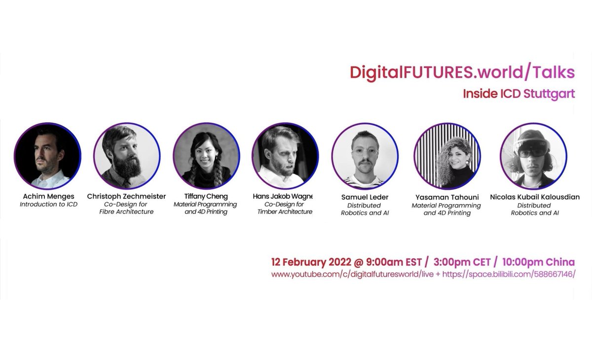 EXC_IntCDC's tweet image. Are you curios to get insights on how #IntCDC #research at the @icdstuttgart looks like?
This is your chance – follow the live presentation of our researchers at the @_DigitalFUTURES World Talks!

➡️ Today at 3:00 PM EST
➡️ bit.ly/35WN21B

#codesign #computationaldesign