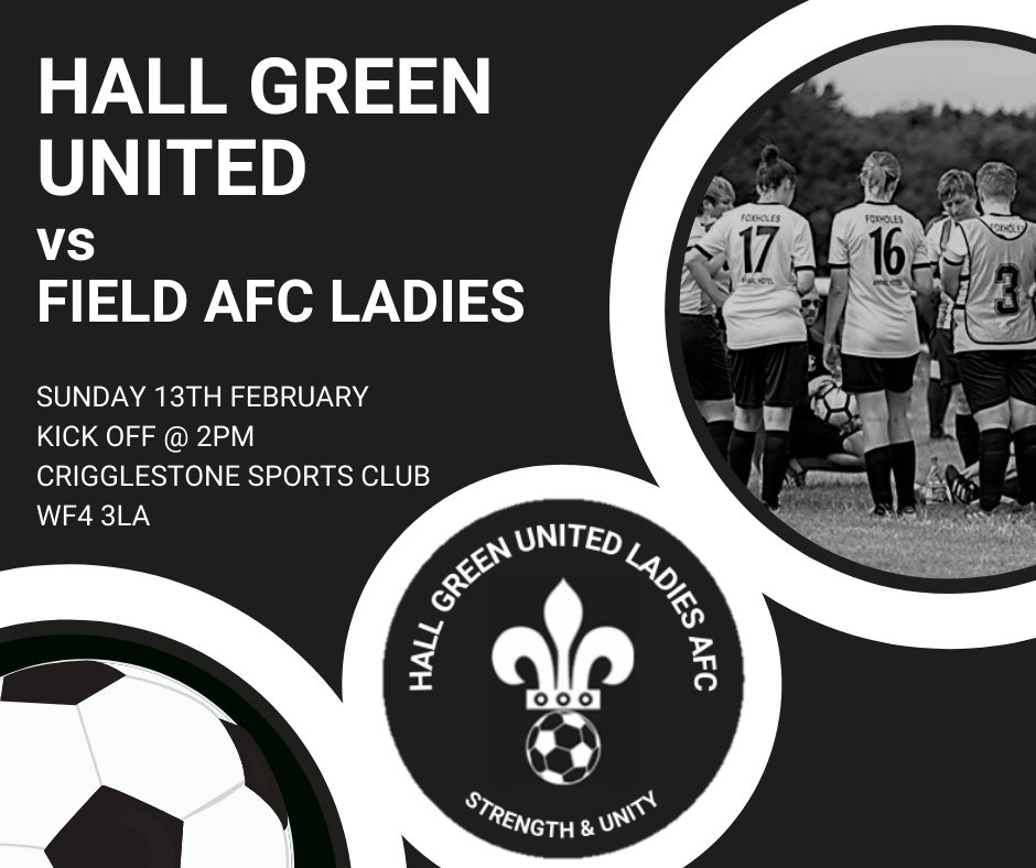 Sunday's fixture!

This Sunday, Hall Green host Field AFC so head to the shed and support your local ladies team. ⚽⚽⚽

Kick off @ 2pm!