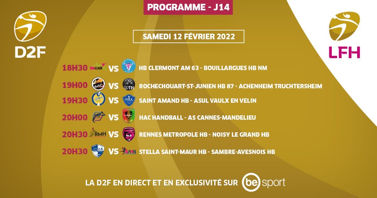 Le programme de la #D2F avec six matchs diffusés sur Be Sport aujourd’hui ! 🔥 

➡️ La page de la D2F : besport.com/l/xP19Ptti