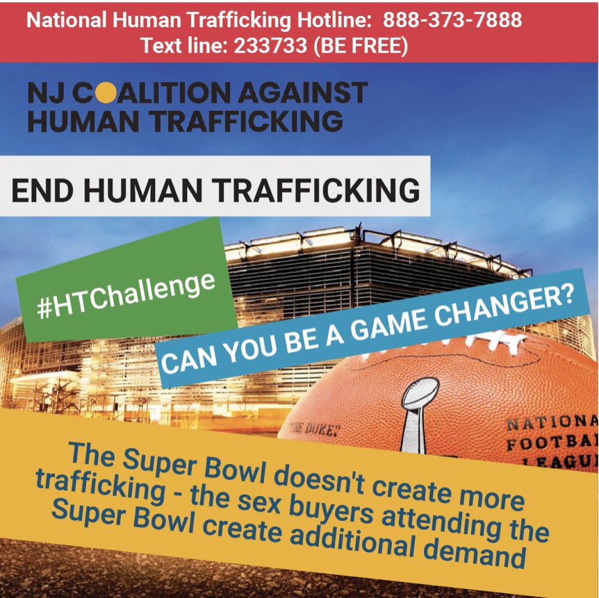 asafernj's tweet photo. This Sunday raise awareness of trafficking during the Super Bowl - survivors say they were often trafficked at big sporting events.
You can help by having conversations about Sex Trafficking and sharing posts using the hashtag #HTChallenge during the Super Bowl. #SuperBowl https://t.co/o9W9RVPhuG