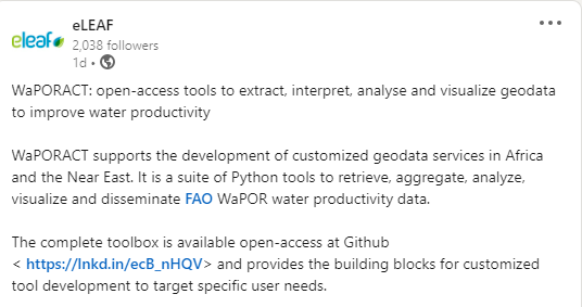 WaterPIPproject's tweet photo. Check out our newest toolbox WaPORACT developed by @eleaf @DUPC_Programme @ihedelft #WaPOR #WaterProductivity
The complete toolbox is available open-access at Github --> https://t.co/LXniVZ62Xf https://t.co/qur8RH1v7Y