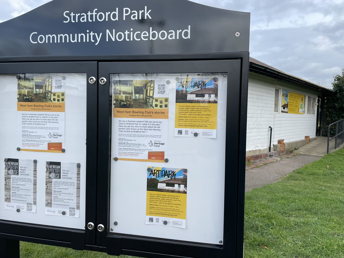 NewhamPoetryGrp's tweet photo. New #community #noticeboards at #Stratfordpark as promised at #citizenassembly #ArtInThePark #PeoplePowerProject @rokhsanafiaz @NewhamLondon ๐ช๐ฝ๐ช๐ฝ we are changing the atmosphere in our #localpark https://t.co/hOVPNp2Y85