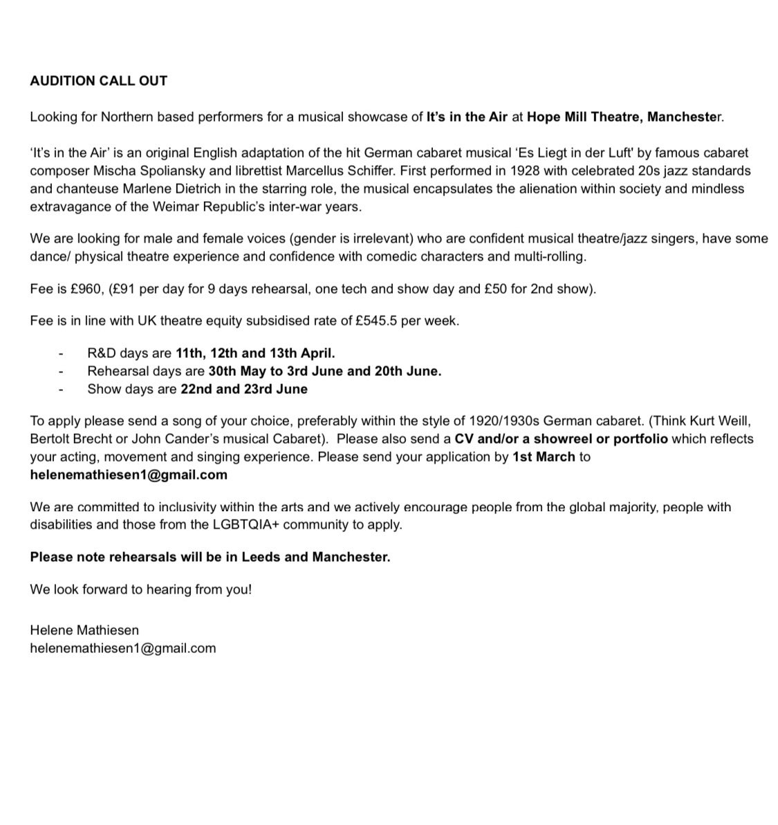 Helene_Mathiese's tweet photo. Audition call out!! New musical showcase at @hopemilltheatr1 Please share!! Xx https://t.co/i6LosZceX6