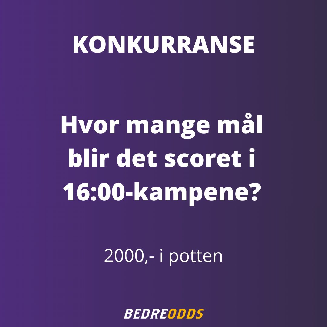 Konkurranse på Facebook✅

🇬🇧 Premier League
⏰ 16:00

Hvor mange mål blir det scoret i 16:00 kampene? 

Lykke til 😎

📱 facebook.com/groups/bedreod…