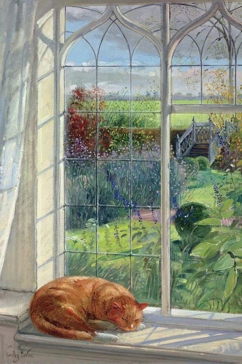 Musk_DaiIy_news's tweet photo. Timothy Easton, English painter who often posts cats in his work.  Another window sill painting ‘Sleeping Cat and Japanese Bridge’  if you like this you will probably like them all by this artist https://t.co/jI120HRtW4