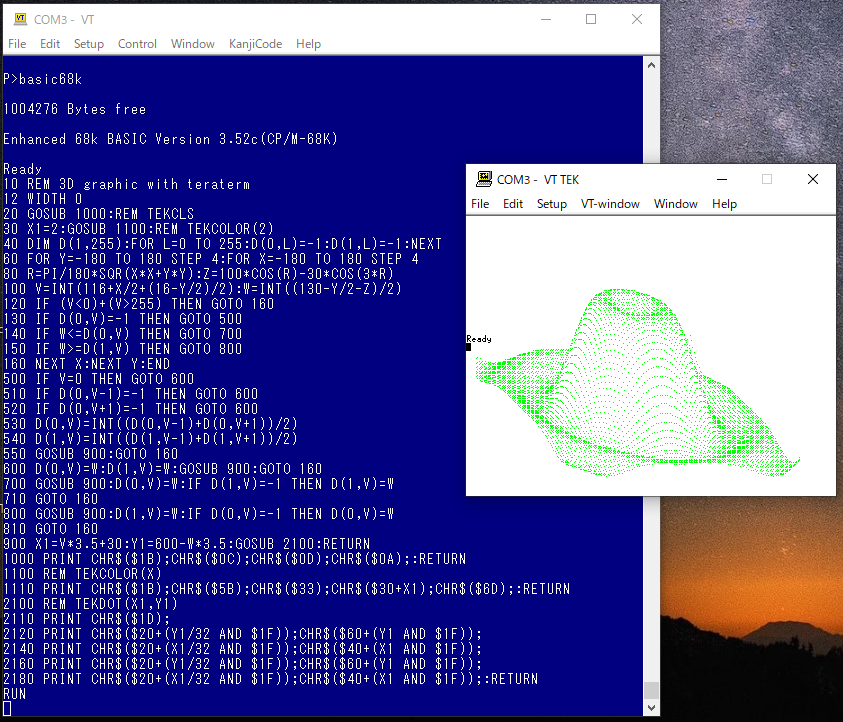 wcinp's tweet photo. MC68Kチップサイズの基板でCP/M-68KにehBASICを移植できteratermでのグラフィック表示が面白そうだったので試してみました
参考にしたソースの先頭のPOKE文は勝手に出力されるCR/LF対策だったんですね
WIDTH 0でも対処できました
クロック16MHzで実行時間は2分34秒でした
#CPM68K #ehBASIC #Pic24MC68K https://t.co/XMs1pRs11h