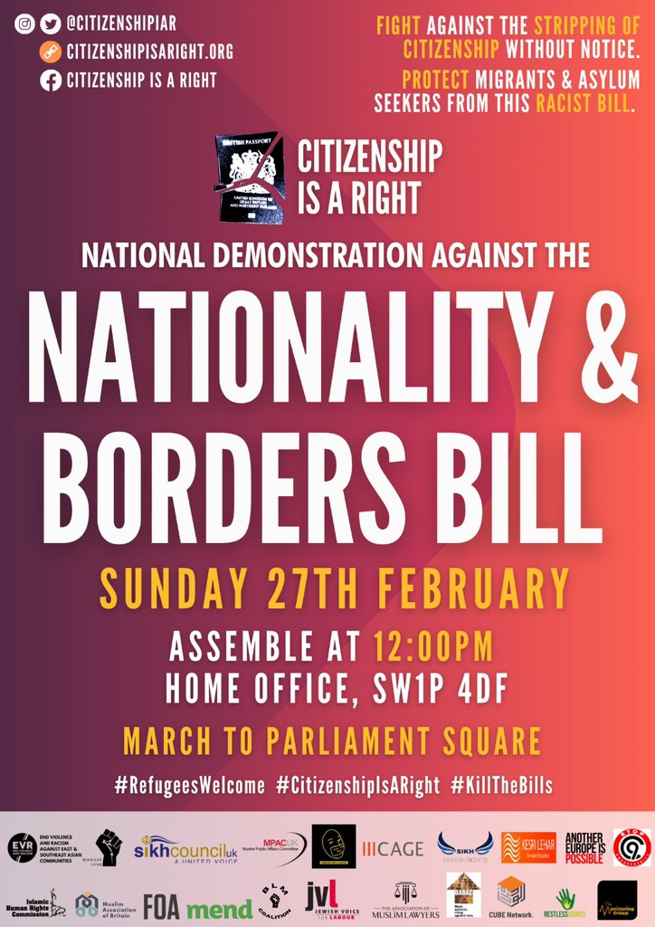 assocmuslimlaw's tweet photo. We must raise our voices against this racist Bill which creates a second class citizenship status for ethnic minorities. We must come together and reject this division. Join the protest on 27 February #stopnabb #citizenshipisaright #killthebill #RefugeesWelcome https://t.co/F09gdkrD8e