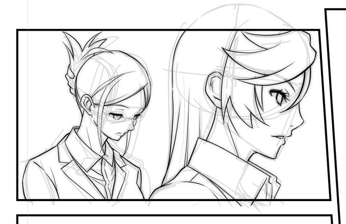 体調が悪くてもページが進むよう(枚数が描けるよう)最低限の線で形を取る。修正がいちばん時間をロスするのでデッサン練習を活かして極力直しをなくす。 